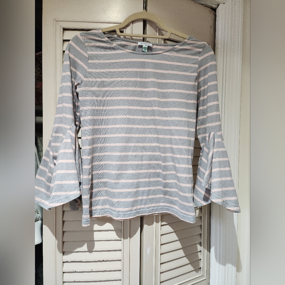 Striped Bell Sleeve Top - Gray and Pink